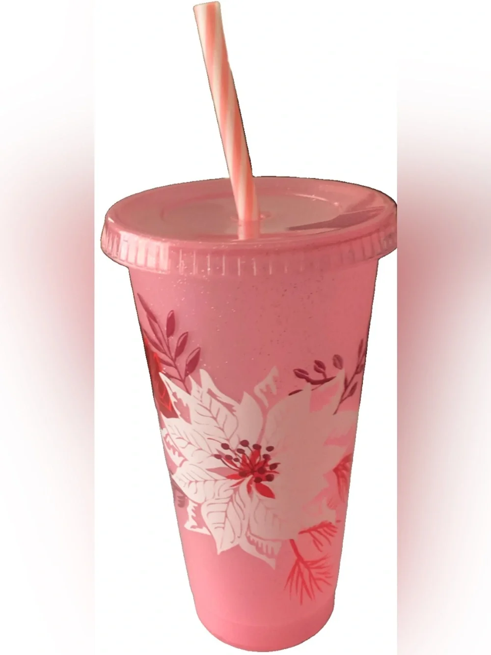 Pre Owned Starbucks 2022 Pink Holiday Flower Glitter Cold Tumbler Straw Stickers